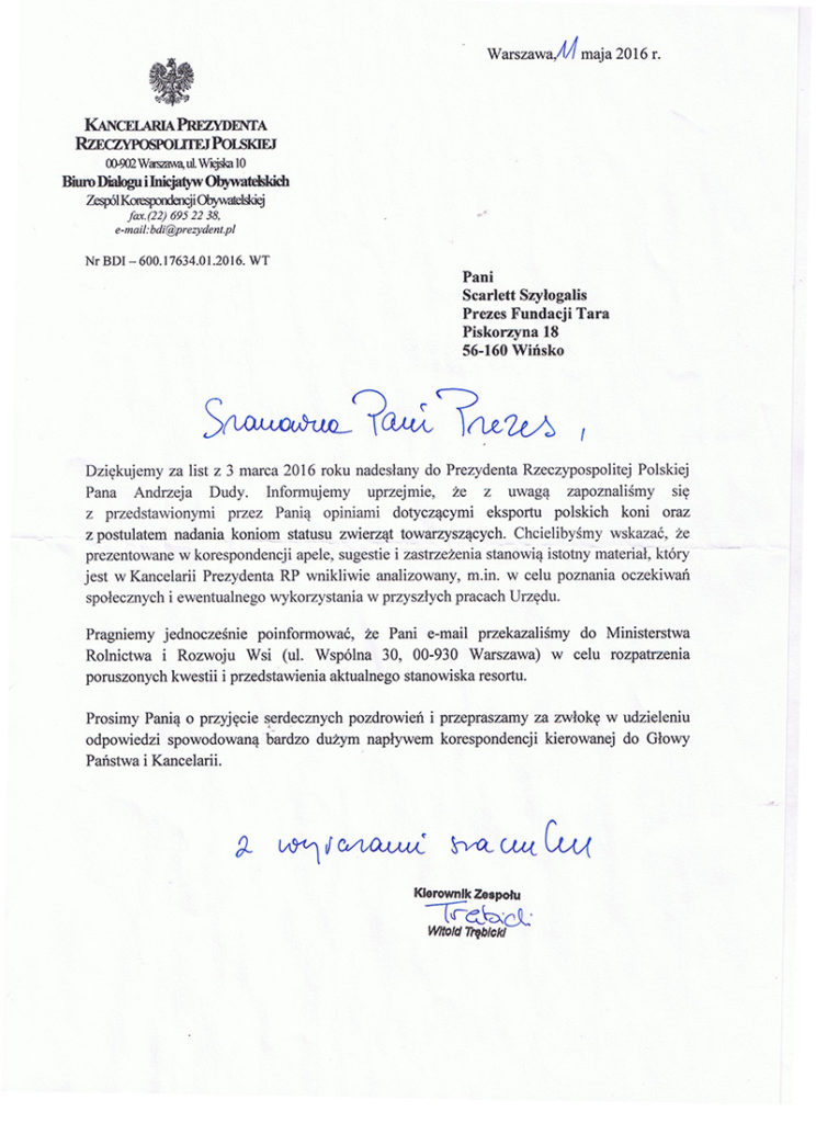Odpowiedź Kancelarii Prezydenta Andrzeja Dudy
